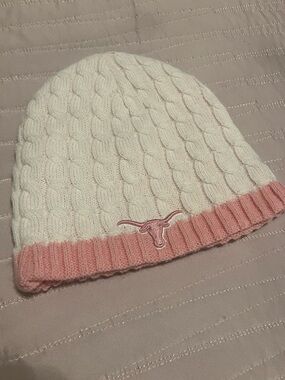 Longhorn White & Pink Cable Knit Beanie with